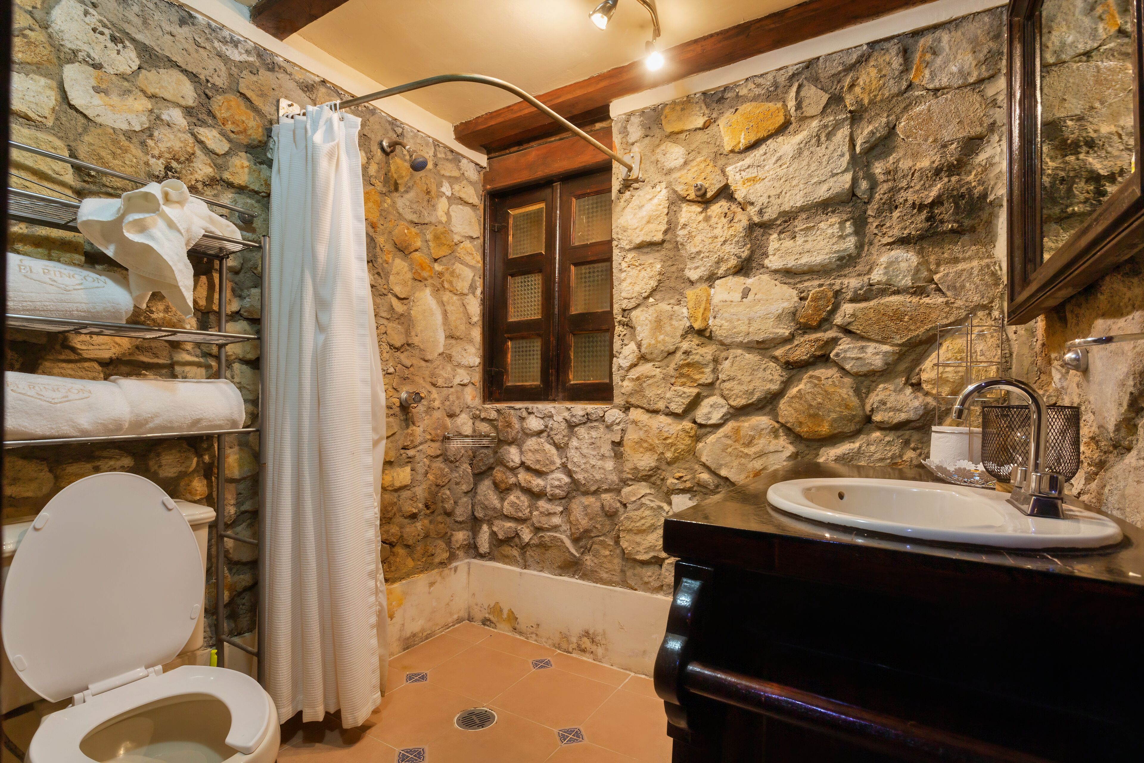 A bathroom with a stone wall, a wooden door, a white sink, and a toilet.