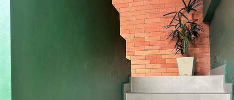 Una escalera con un lateral de pared verde y otro de ladrillo, que conduce a un rellano donde hay una planta en maceta.
