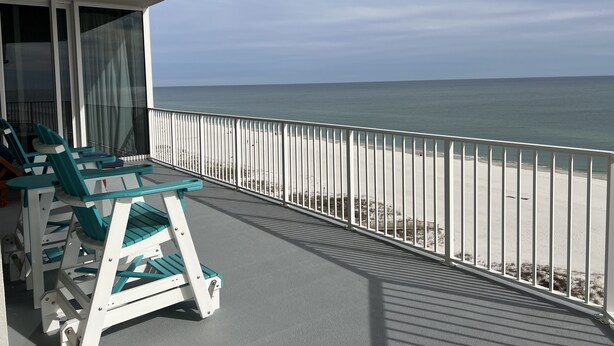 A balcony with a view of the beach and ocean. - Mediterranean 802E Beautiful-Gulf-front-4BR 4.5BA-Exquisite Views FloraBama (Pensacola)