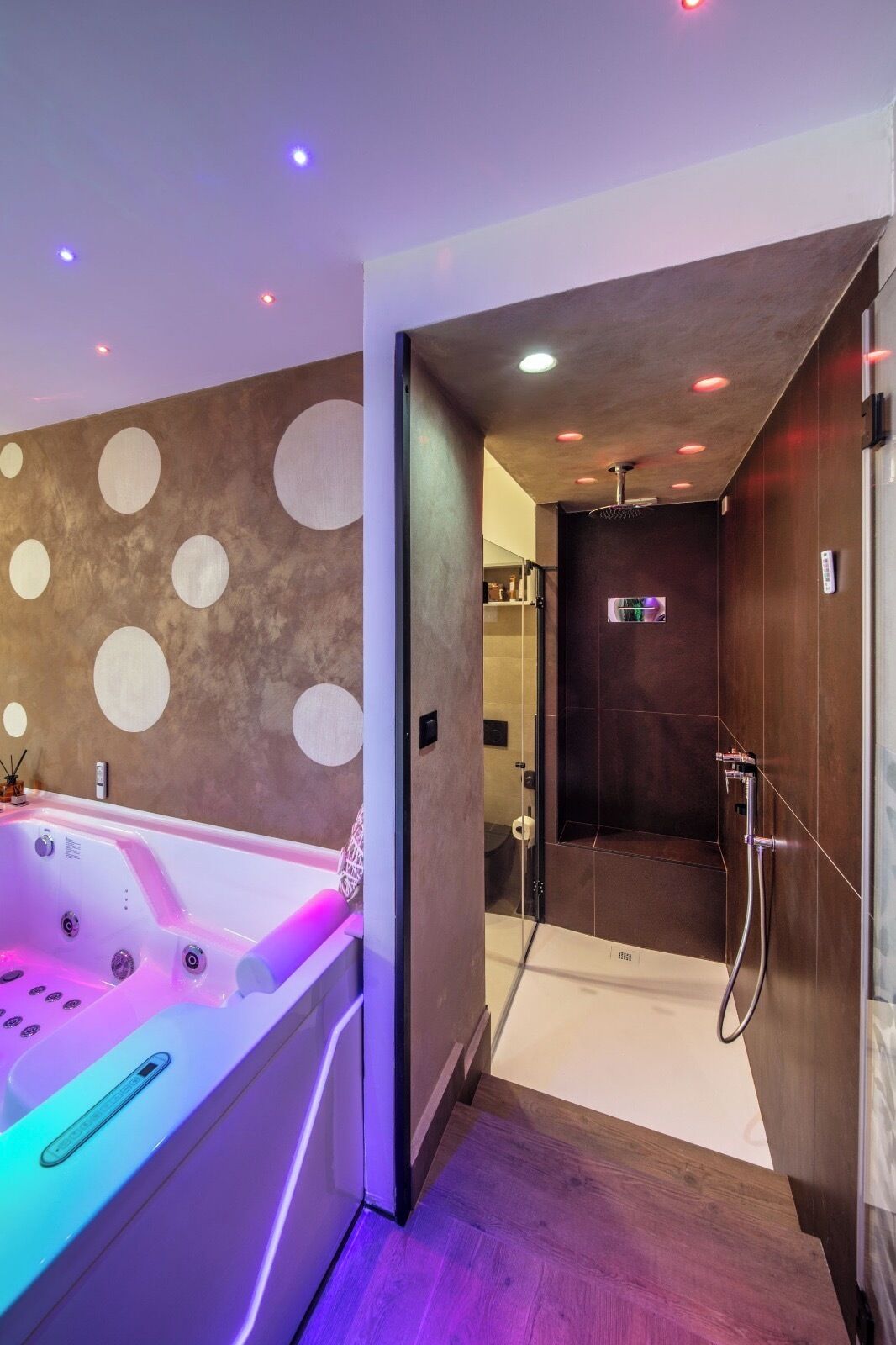 A modern bathroom with a freestanding bathtub, a shower area, and a toilet.