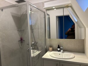 Regadera, secadora de cabello, shampoo, papel de baño