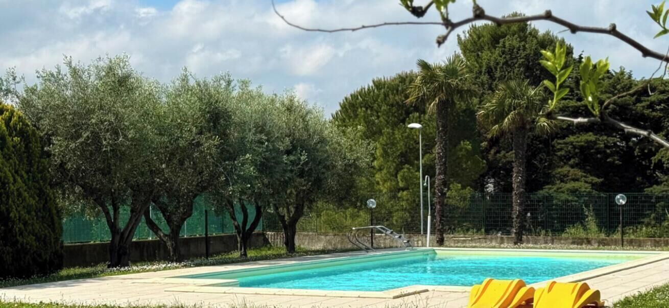 A swimming pool surrounded by trees and a fence.