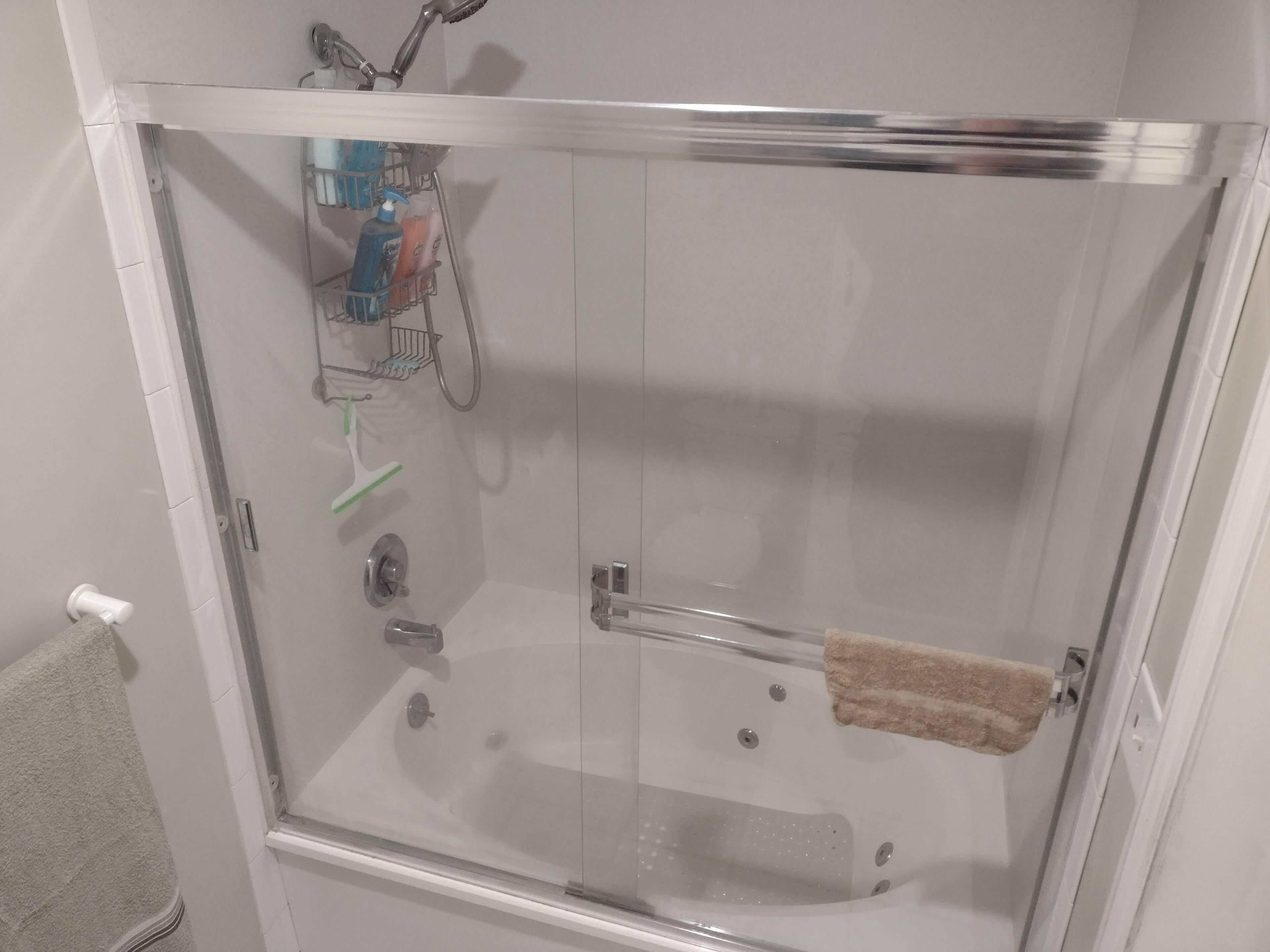 Jetted bath, hair dryer, towels, soap