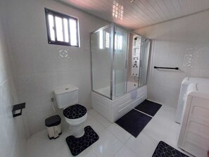Hair dryer, towels, soap, shampoo