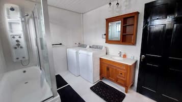 Hair dryer, towels, soap, shampoo