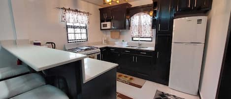 Een koelkast, een magnetron, een oven, een kookplaat