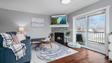 Smart TV, fireplace, books