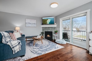 Smart TV, fireplace, books