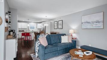 Smart TV, fireplace, books
