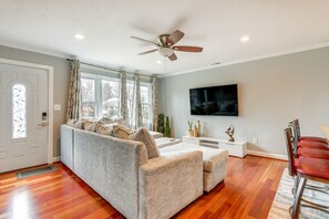 TV, fireplace, books - Spacious Home w/ Tranquil Patio ~ 29 Mi to DC! (Severn)