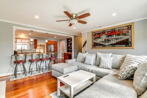 TV, fireplace, books - Spacious Home w/ Tranquil Patio ~ 29 Mi to DC! (Severn)