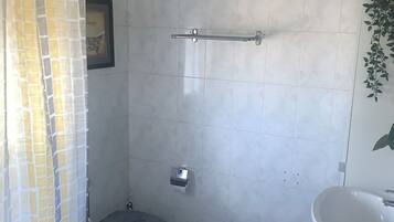 Une salle de bain avec des toilettes, une douche et un lavabo.