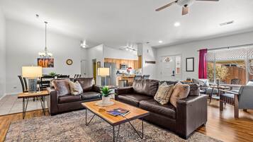 Smart TV, fireplace, books, offices