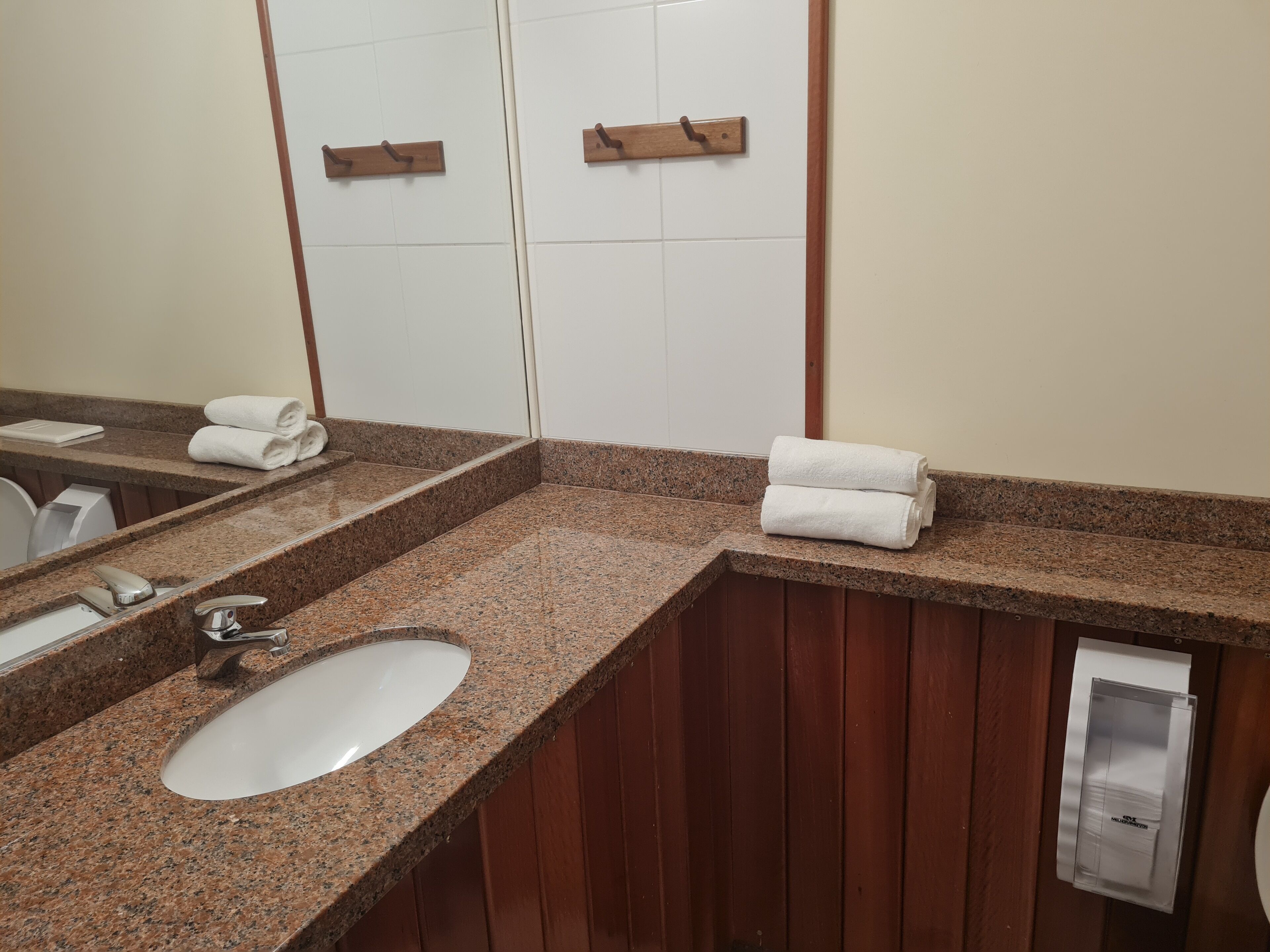 Une salle de bain avec un comptoir en granit, un lavabo et des meubles en bois.