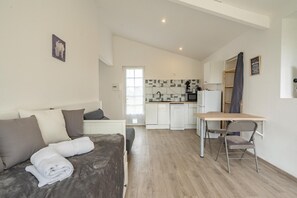 A compact living space with a sofa, a dining table with a chair, a kitchen area, and a bathroom.