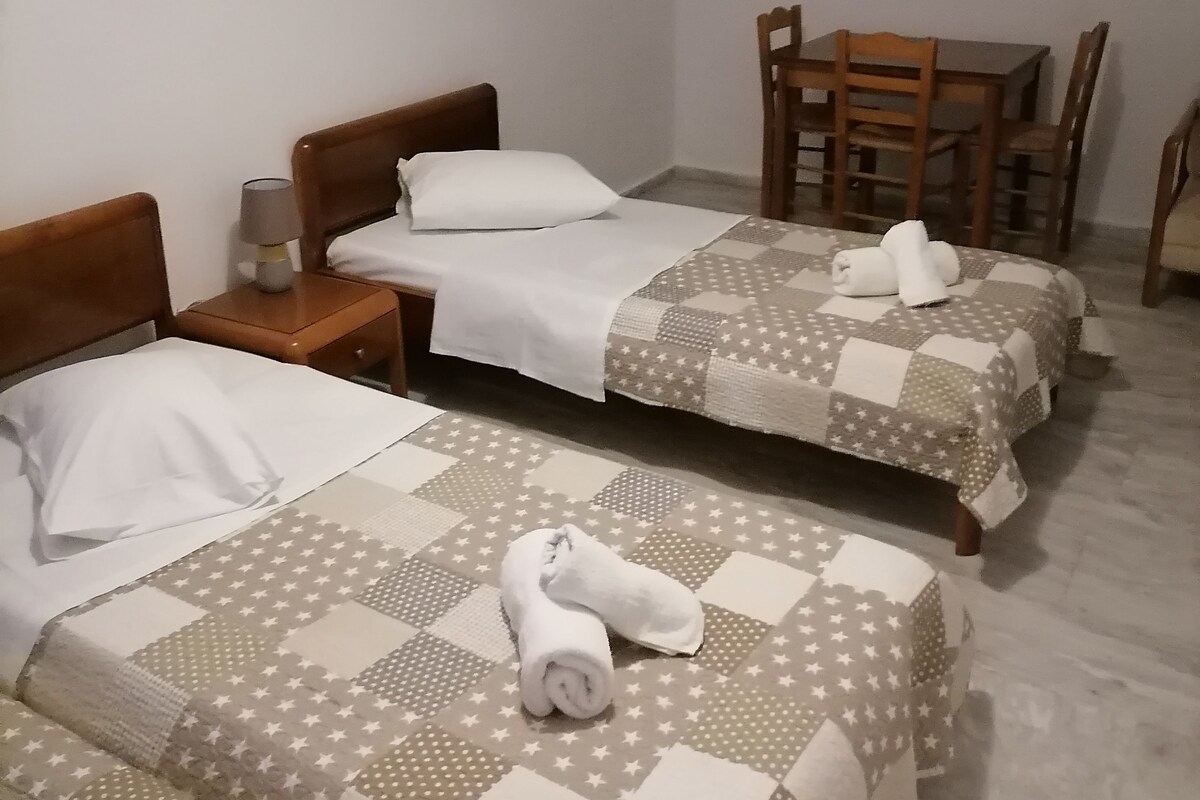 Una habitación de hotel con dos camas, una mesita y una silla.