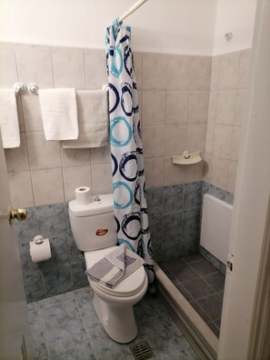 A bathroom with a toilet, a shower curtain, a towel rack, and a toilet paper holder.