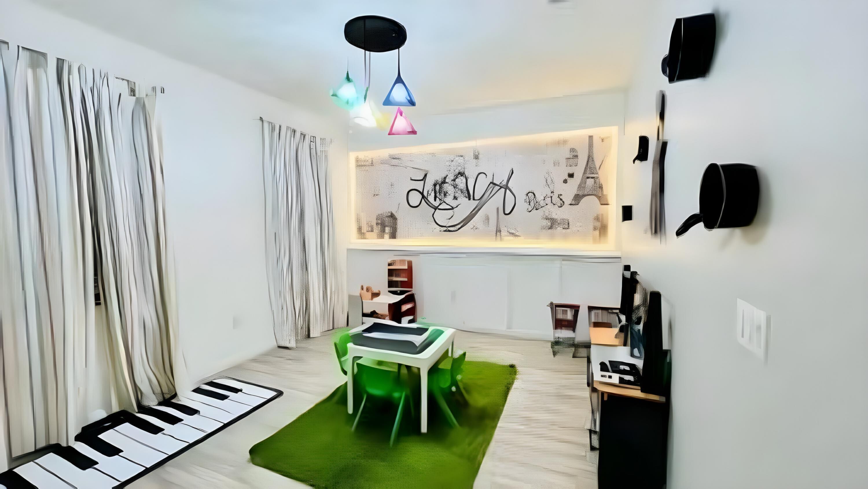 A modern living room with a piano, green chairs, a green rug, and a wall art piece with the Eiffel Tower.