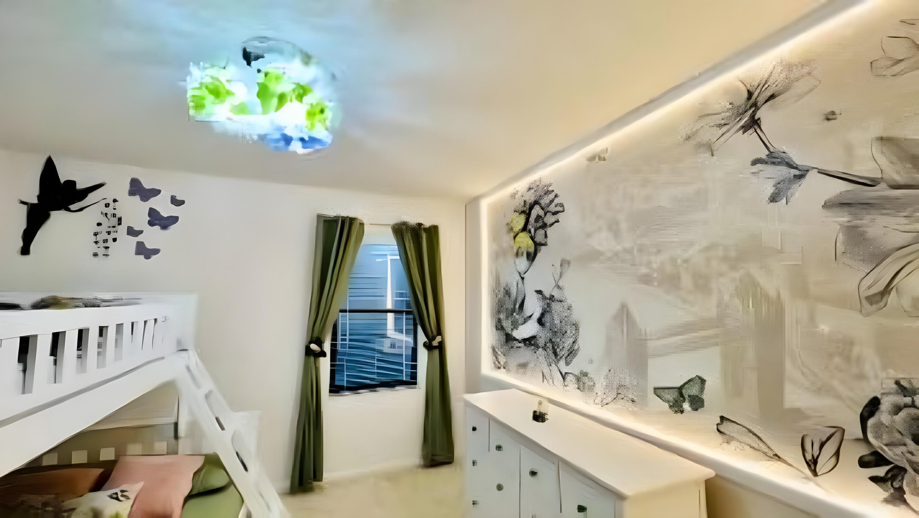 A child's room with bunk beds, a window with curtains, a wall mural, and a ceiling light fixture.