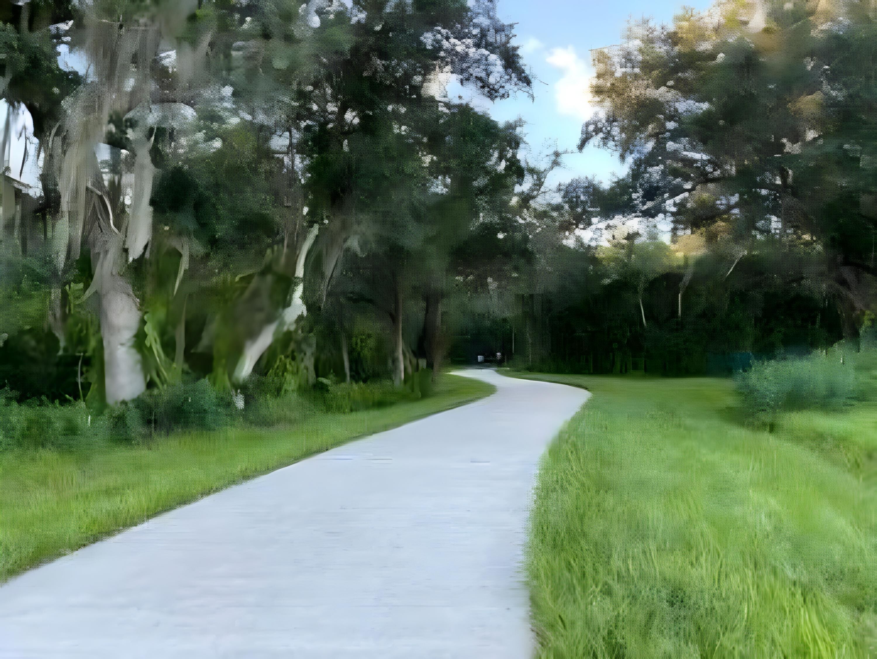 Un chemin pavé bordé d’une végétation luxuriante et d’arbres.
