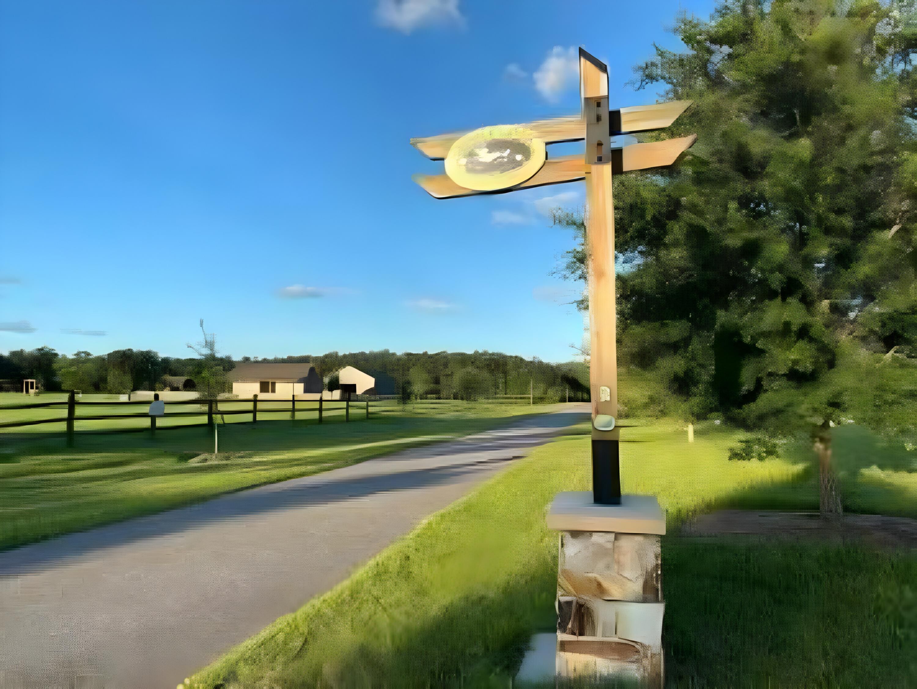 A directional signpost in a rural setting with a paved path leading to a building in the background.