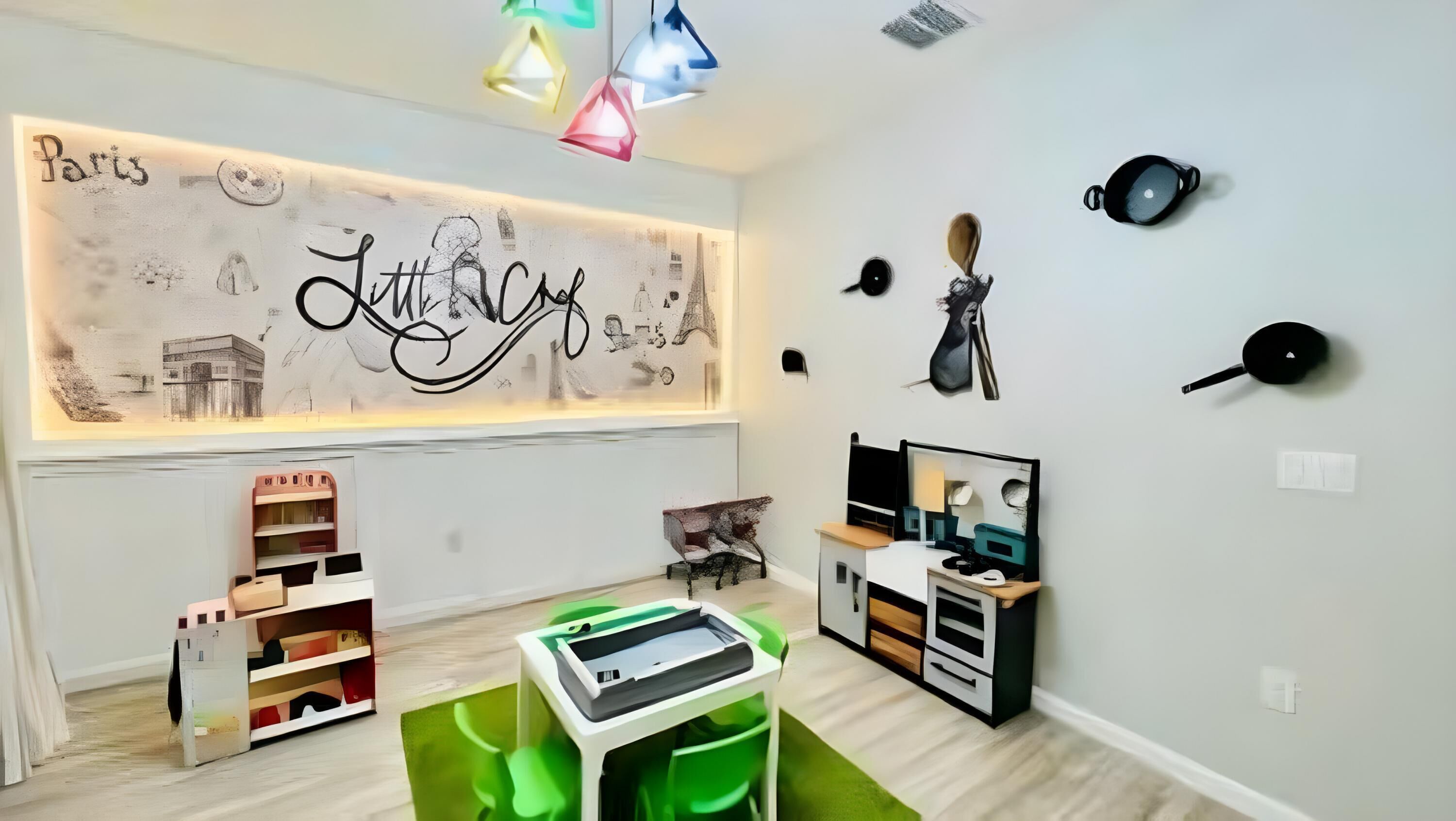 A child's playroom with a large wall mural, shelves, a desk, and a green play mat.
