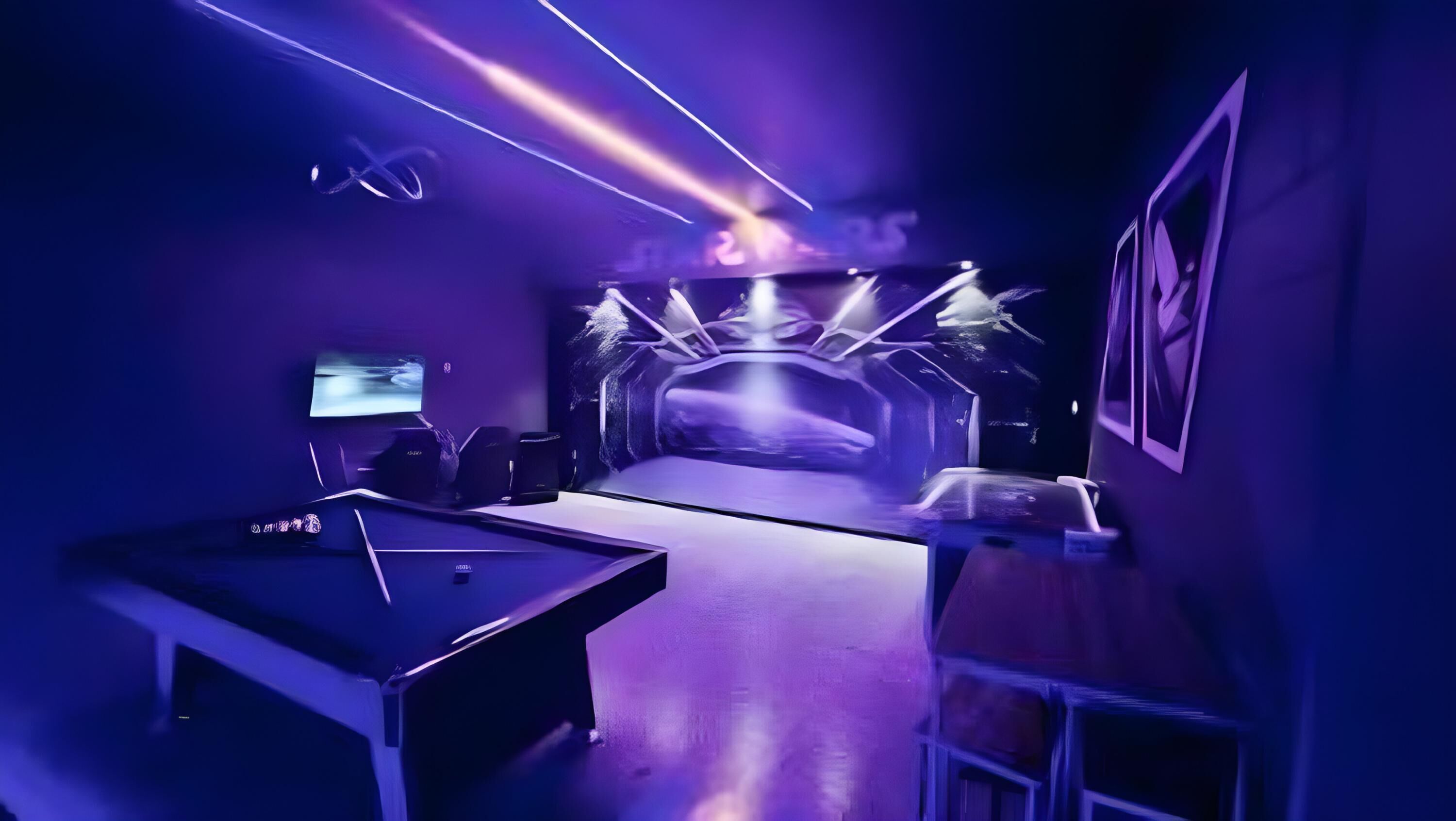 A room with a pool table, a TV, and a tunnel-like structure with lights.