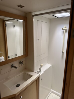 Shower, towels, soap, shampoo