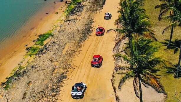 Vista aérea de uma praia com veículos na areia, palmeiras e barcos na água.