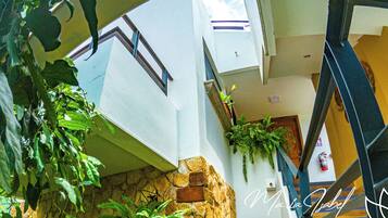 Interior de hotel com parede de pedra, escadaria e plantas.