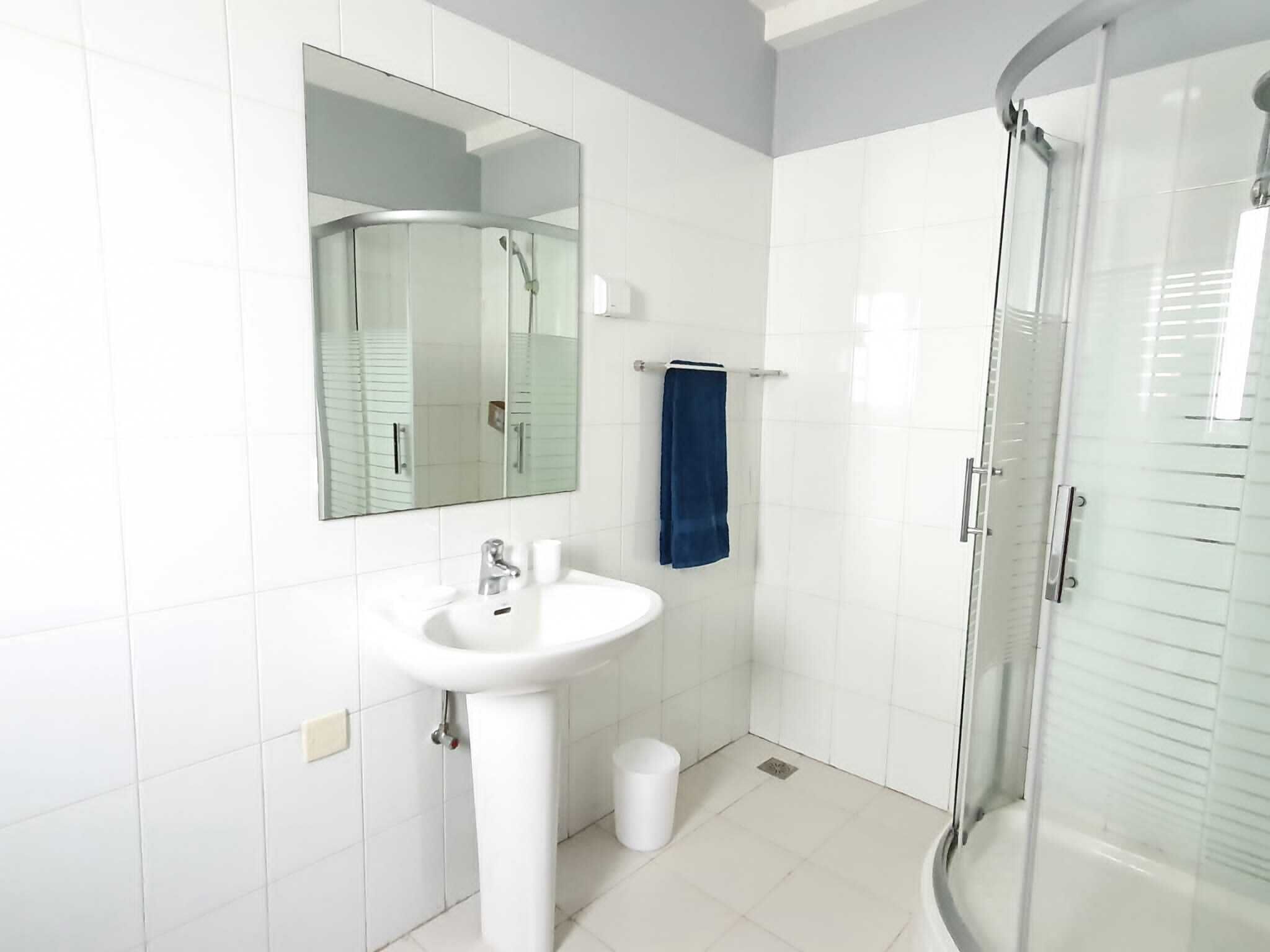 A modern bathroom with a white sink, a mirror, and a glass shower enclosure.