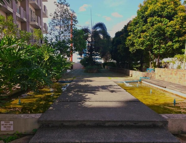 Un sendero que lleva a un edificio con un letrero que indica no alimentar a los peces.