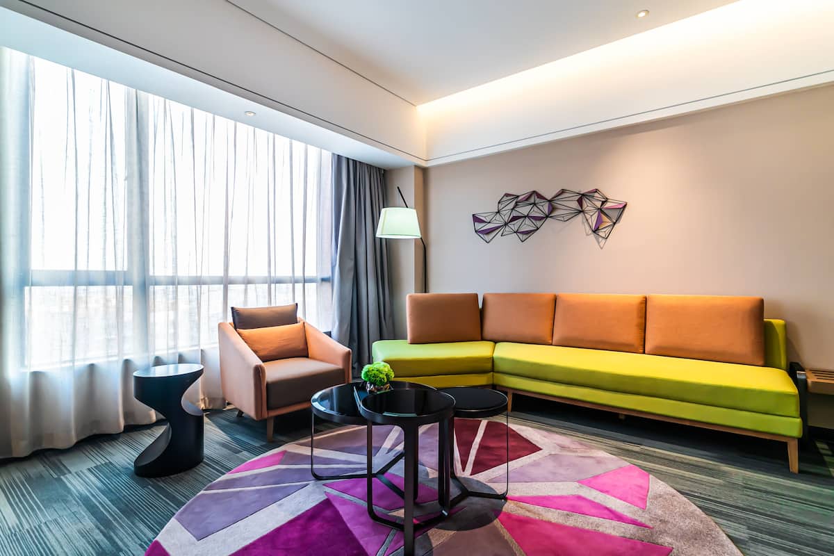 Desk, laptop workspace, blackout curtains, free WiFi