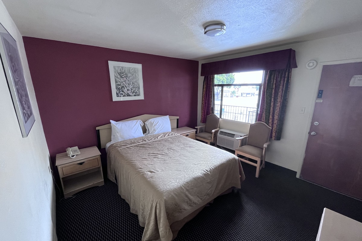 A hotel room with a bed, bedside table, chair, window with curtains, and a door.