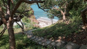 Un sendero de piedra que conduce a una playa con vista al océano.