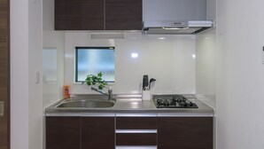 Une cuisine moderne dotée d’un évier en acier inoxydable, d’une cuisinière à gaz et d’armoires en bois.