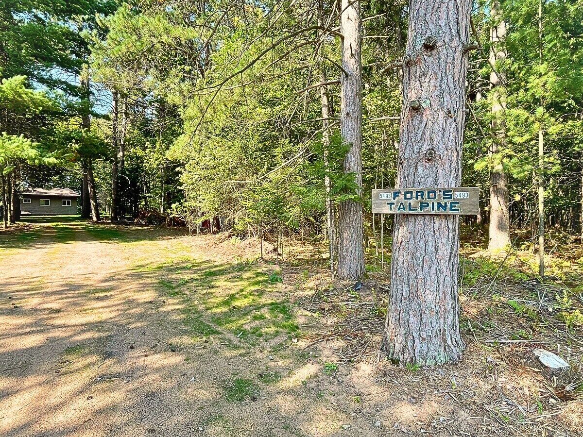 A signpost with 'Ford 9' and 'Talpine' written on it, surrounded by trees.