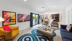 Smart TV, fireplace, books