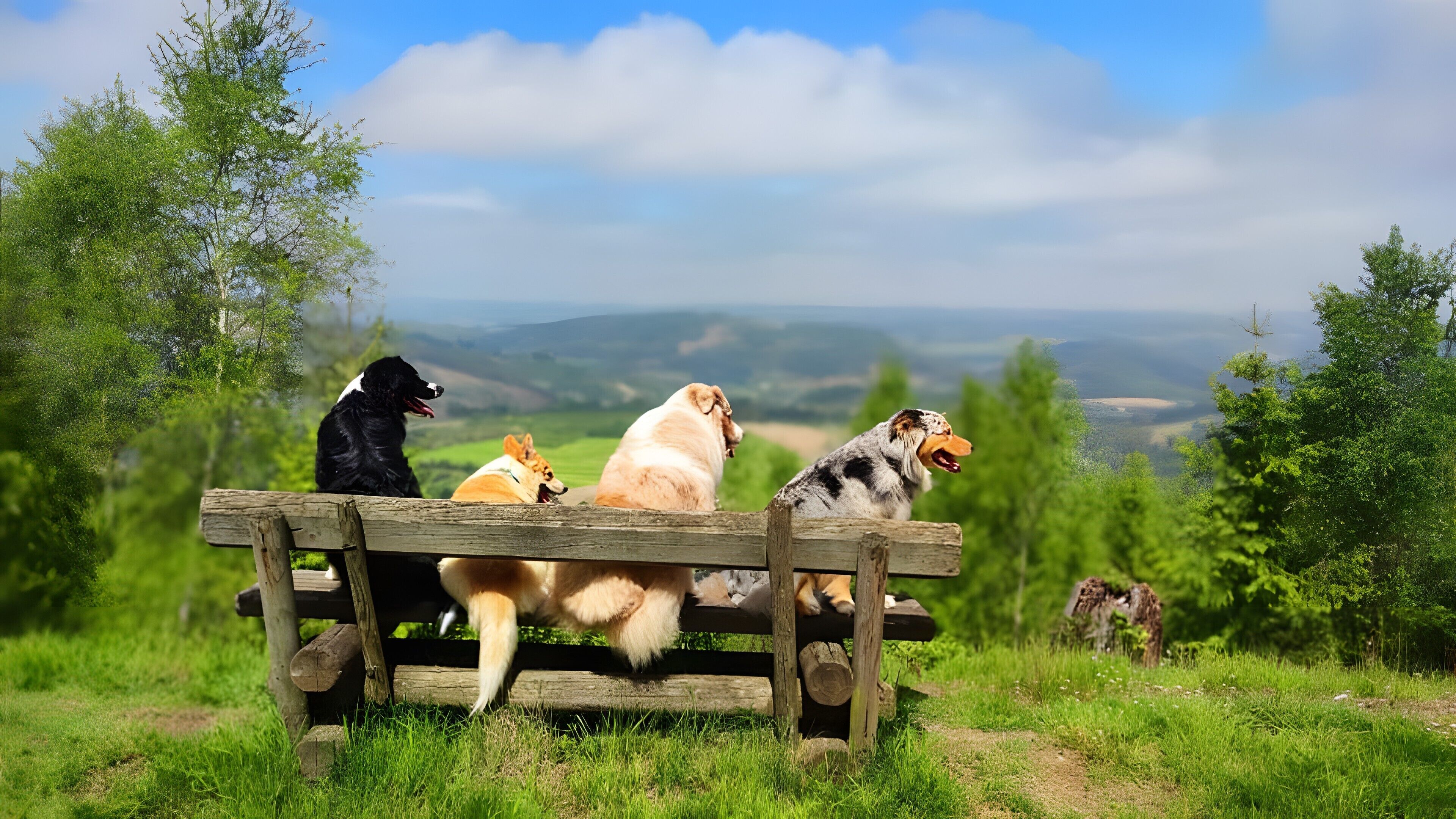 A wooden bench with four dogs sitting on it, overlooking a green landscape with trees and hills.