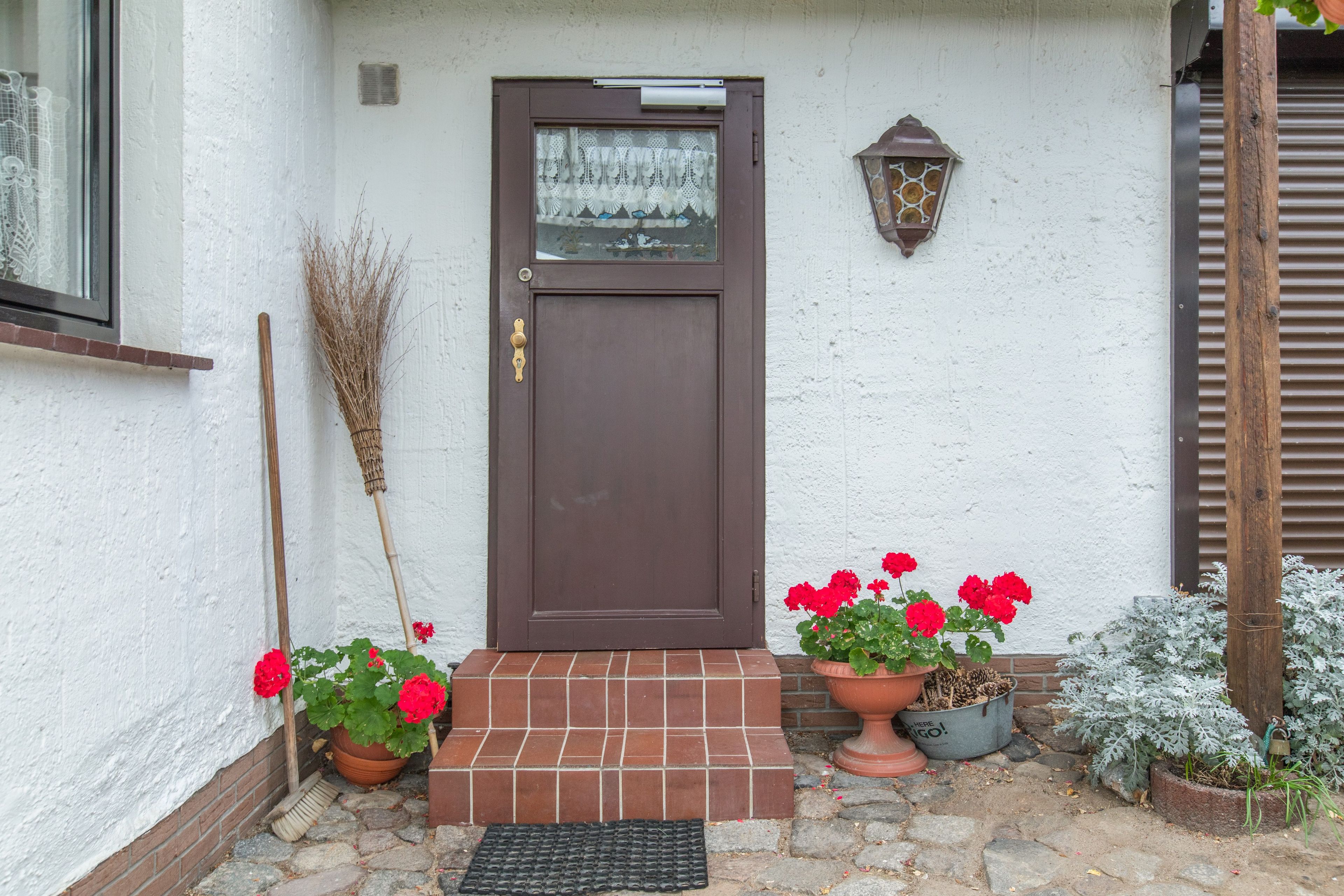 A brown door with a small step leading up to it, a broom leaning against the wall, and two potted plants with red flowers.