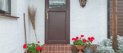 Una puerta marrón con un escalón pequeño que la precede, una escoba apoyada en la pared y dos macetas con flores rojas.