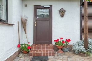 Una puerta marrón con un escalón pequeño que la precede, una escoba apoyada en la pared y dos macetas con flores rojas.