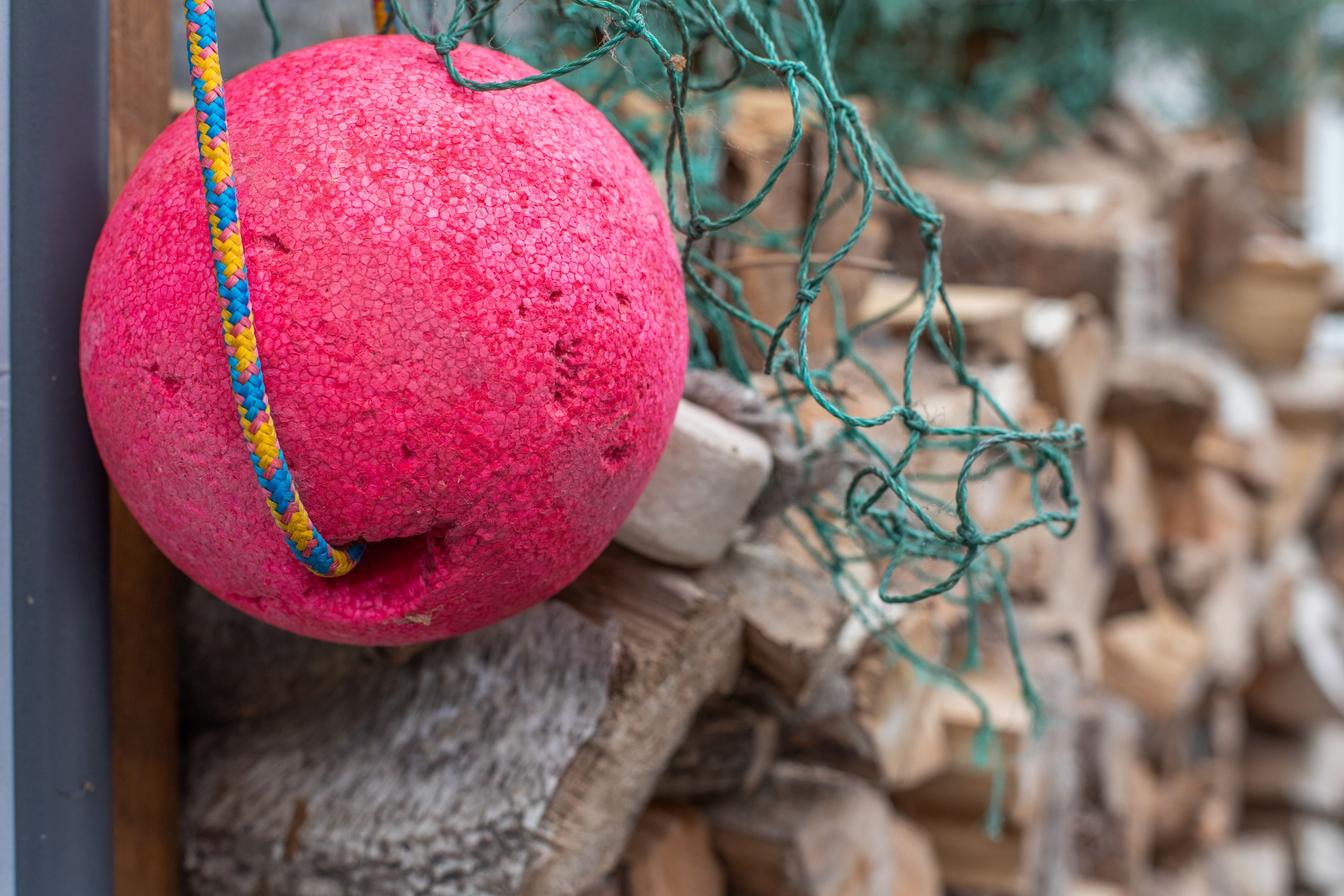 Un objeto esférico rosa con un cordón trenzado, colgado de una red frente a un fondo de troncos apilados.