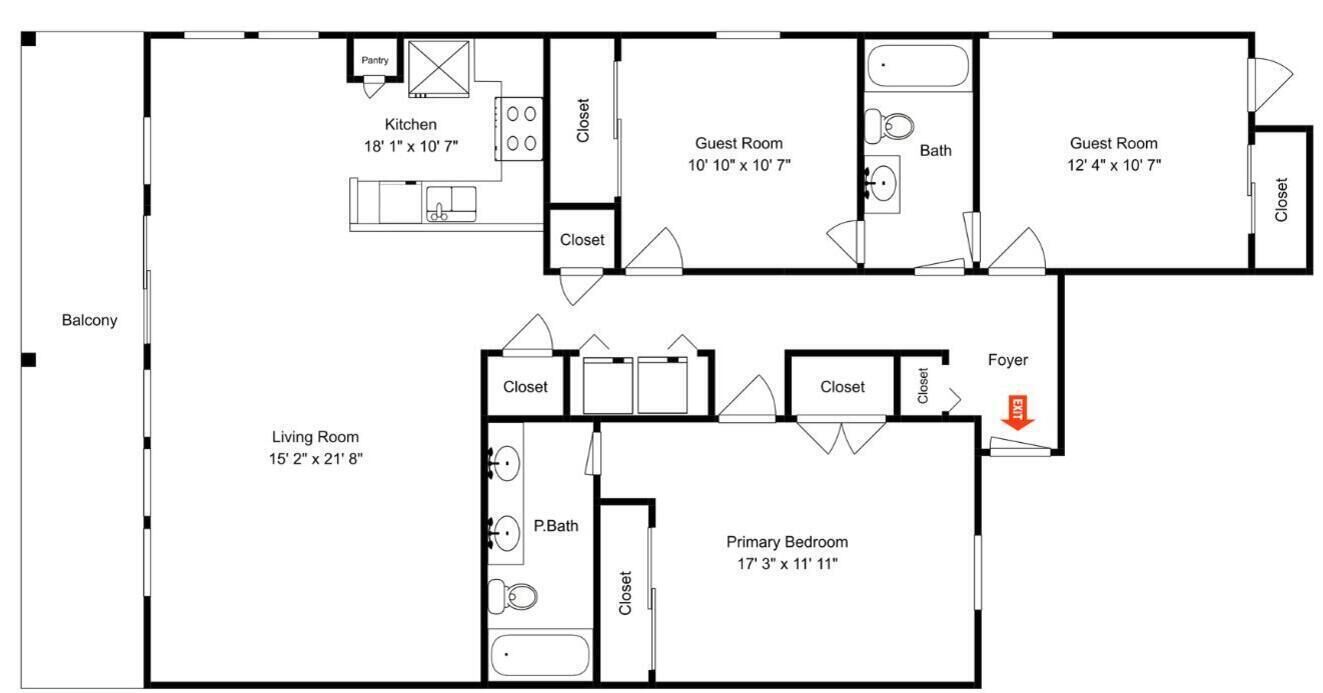 Pianta degli interni di un hotel con balcone, cucina, due camere per gli ospiti, soggiorno, camera da letto principale e ingresso.