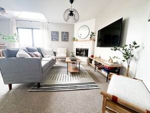 Smart TV, fireplace, books