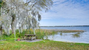Zona de picnic junto al lago con un banco de madera y una mesa, rodeada de árboles cubiertos de musgo.