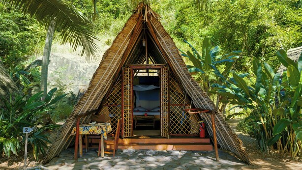 A thatched-roof hut with a bed and a table, surrounded by lush greenery. - Coin Sauvage (Nosy Be)
