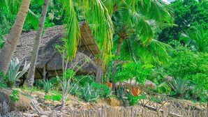 A thatched-roof hut surrounded by lush greenery and a wooden fence. - Coin Sauvage (Nosy Be)