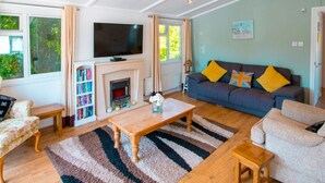 Una sala de estar con chimenea, sofá, televisor y estantería.