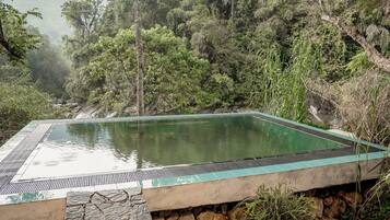 A rectangular pool with a stone border, surrounded by a rocky area and lush greenery.
